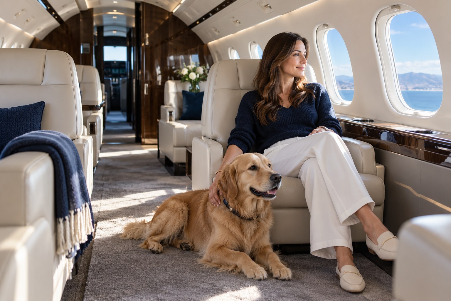 Hund liegt neben seiner Bezugsperson in der Kabine eines Privatjets